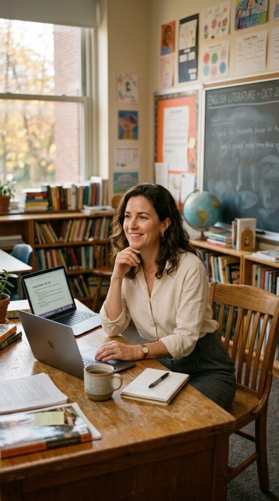 Your Classroom Wardrobe for Autumn: Fall Teacher Outfits Beyond Week One 11 A teacher wearing grey wool trousers and a cream blouse in a classroom.