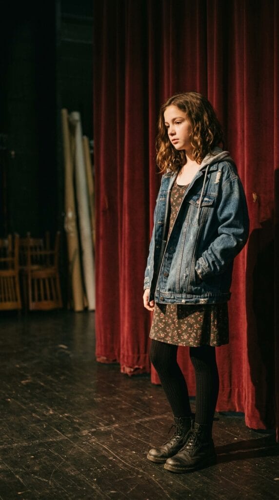 Fall School Style for Tweens: Cute Outfits for Younger Girls 13 Preteen wearing a hooded denim jacket and floral dress on a stage.