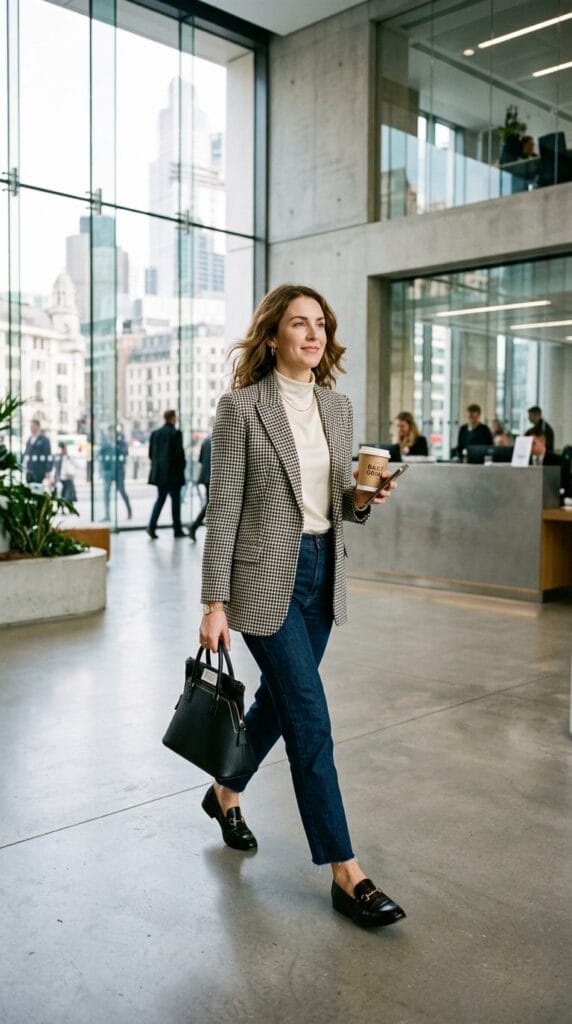 Woman wearing a houndstooth blazer with straight denim and loafers in an office.