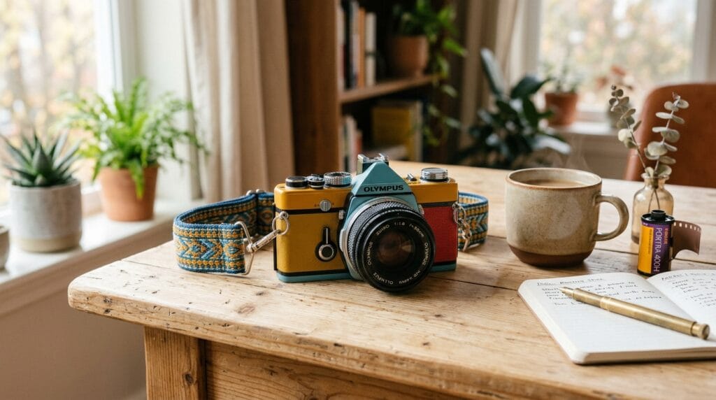 Realistic analog camera on a wooden desk with printed small photos nearby.