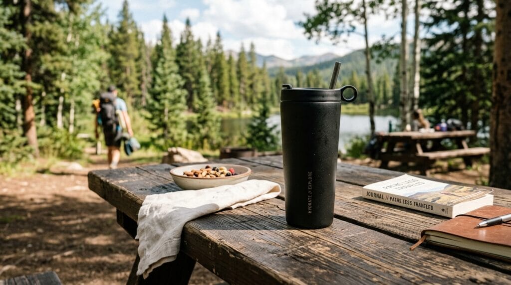 Matte finish insulated beverage tumbler sitting on an outdoor table under natural light.