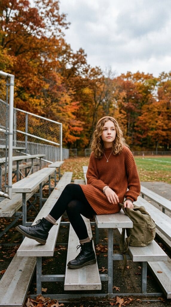 Fall School Style for Tweens: Cute Outfits for Younger Girls 14 Preteen girl wearing a rust sweater dress and leggings on outdoor bleachers.