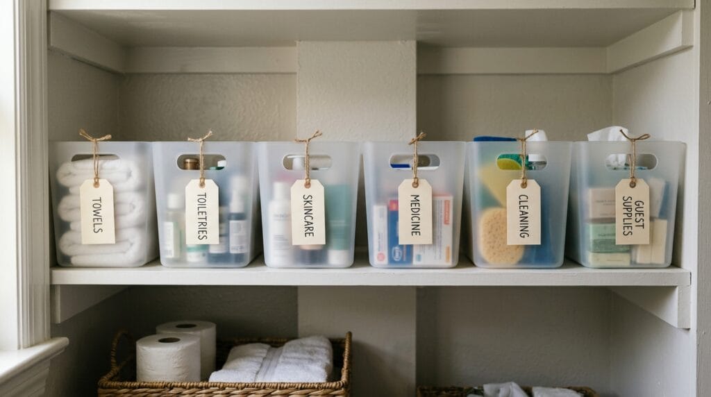 Labeled storage bins arranged on a bathroom closet shelf with category tags visible.