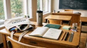 Flat lay of school supplies and classroom accessories under natural morning light.
