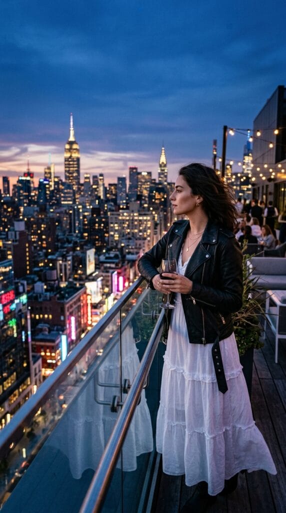 Black leather biker jacket over a white tiered cotton maxi dress at twilight.