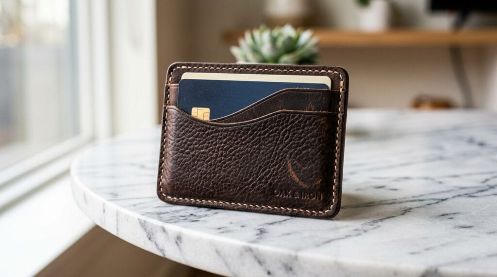 A minimalist dark brown textured leather card holder lying flat on marble.
