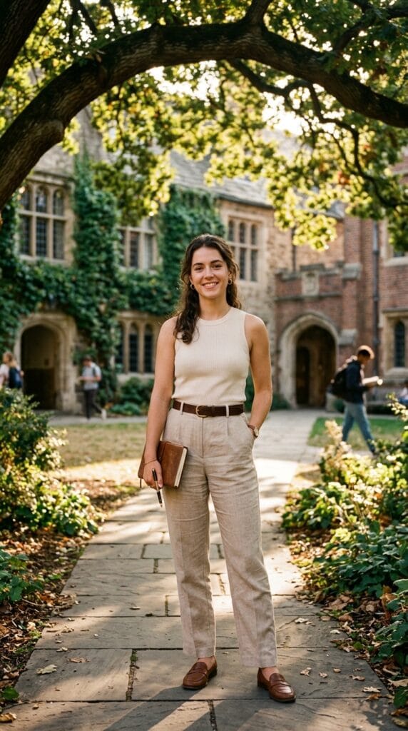 Cute School Outfits for Summer: From Homeroom to After-School Plans 3 Model wearing high-waisted beige linen wide-leg trousers and a cream tank top on campus.