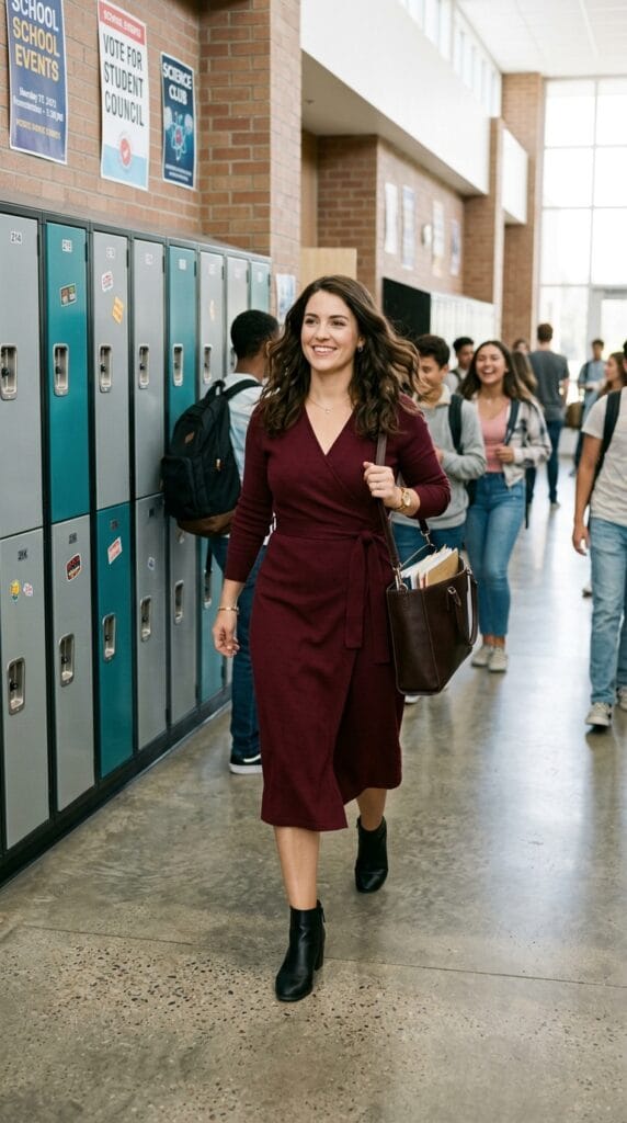 Your Classroom Wardrobe for Autumn: Fall Teacher Outfits Beyond Week One 4 A teacher in a burgundy long-sleeve ponté wrap dress walking down a school hallway.