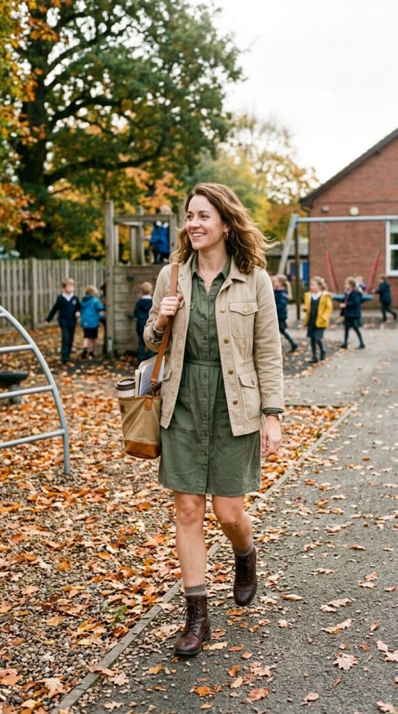 Your Classroom Wardrobe for Autumn: Fall Teacher Outfits Beyond Week One 10 A teacher wearing an olive utility shirtdress and beige canvas jacket outdoors.