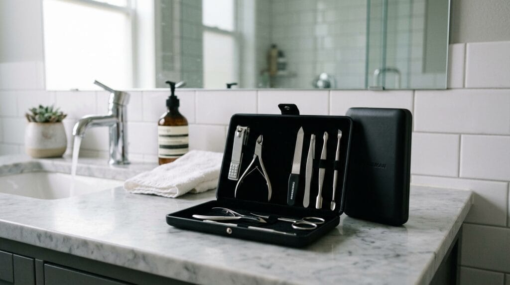 Open matte black grooming case displaying black steel nail care tools inside.