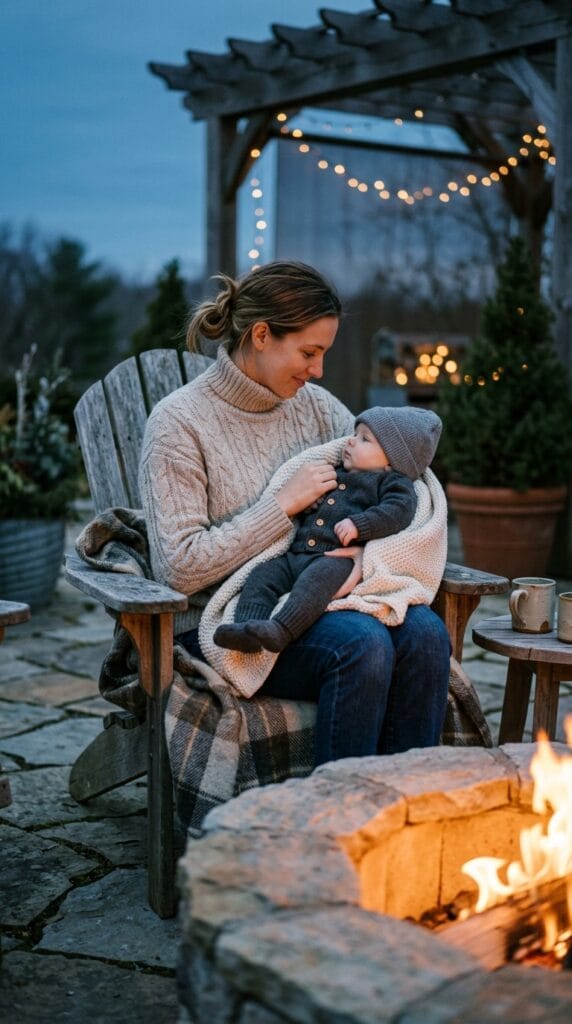 Infant in parent's arms wearing charcoal gray merino wool button cardigan set.