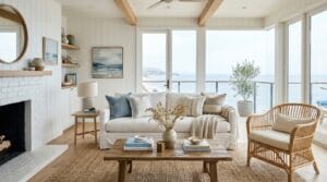 A bright, sunlit living room featuring natural textures and light-colored coastal decor.
