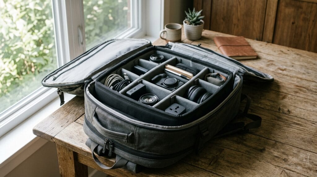 This $15 Backpack Organizer Insert Is Going Viral 5 Reinforced modular organizer with adjustable dividers inside a travel backpack.