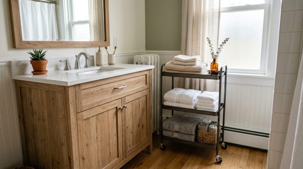Narrow rolling storage cart holding folded bathroom towels beside a vanity.