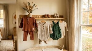 A wooden nursery shelf showcasing a curated collection of textured newborn fall outfits.