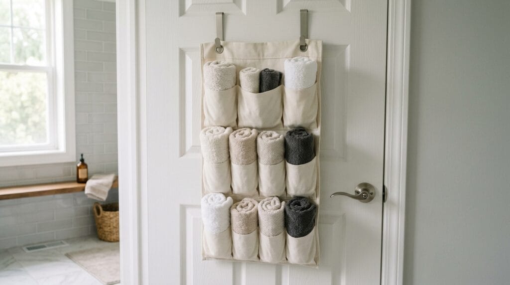 Over-the-door organizer holding rolled towels on the back of a bathroom closet door.