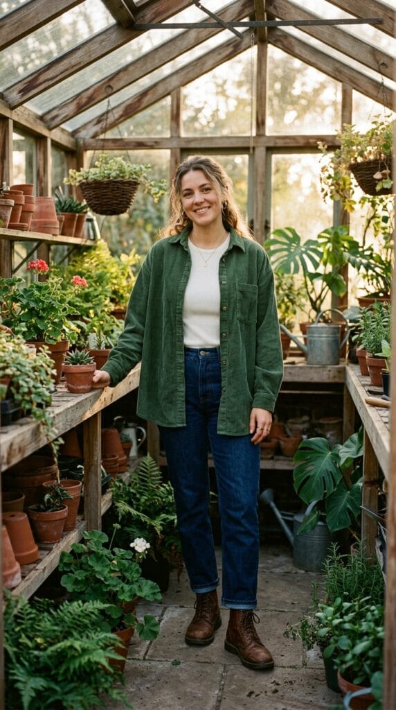 Woman wearing an oversized green corduroy button-down shirt over a ribbed top.