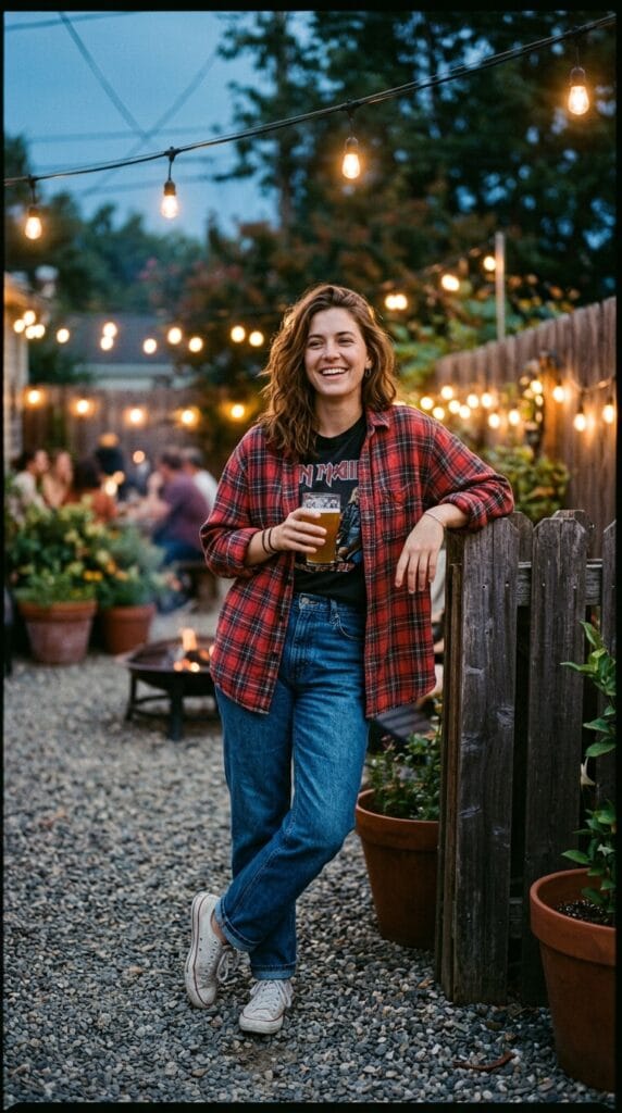 Woman wearing an oversized flannel shirt over a graphic tee with denim jeans.