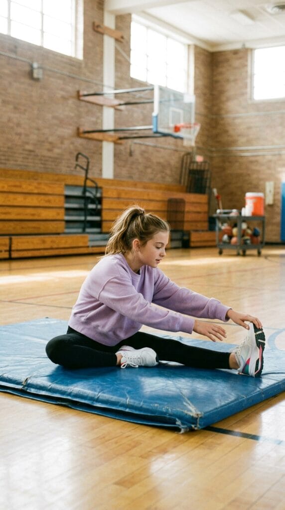 Fall School Style for Tweens: Cute Outfits for Younger Girls 5 Younger girl wearing a lavender sweatshirt and black leggings in a gym.