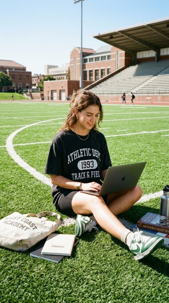 Cute School Outfits for Summer: From Homeroom to After-School Plans 10 Model in an oversized gray graphic tee and black bike shorts on school grass.