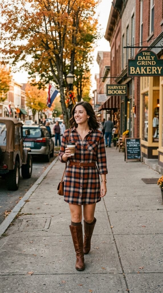 Woman wearing a plaid flannel shirt dress with tall boots on a main street.
