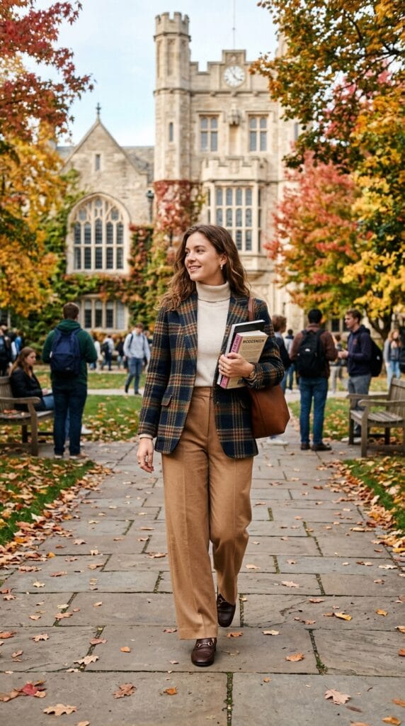 Woman wearing a plaid wool blazer with wide-leg trousers in a preppy fall outfit.
