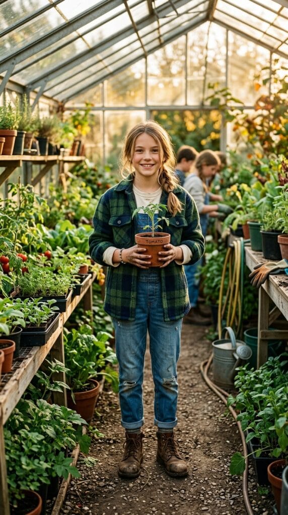Fall School Style for Tweens: Cute Outfits for Younger Girls 17 Preteen wearing a green plaid shacket and denim overalls in a greenhouse.