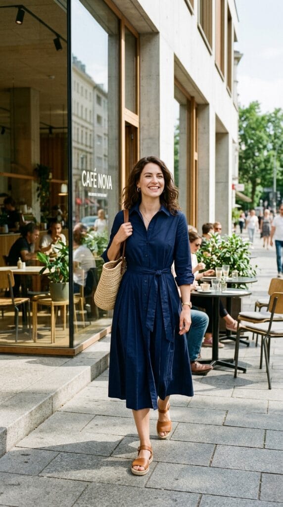 Woman in a navy pleated cotton shirt dress posing outside a modern cafe.