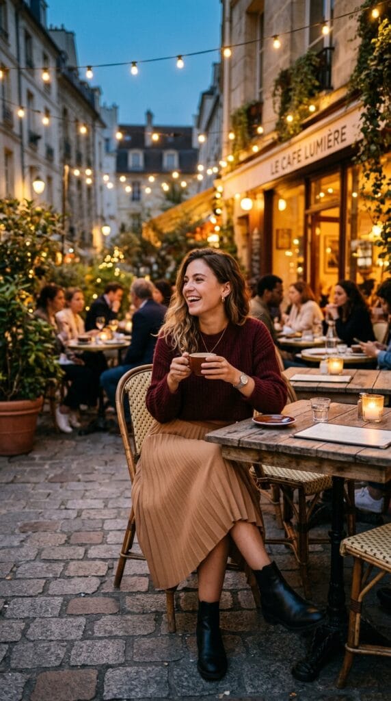 Woman wearing a pleated midi skirt with a cropped sweater at a cafe.