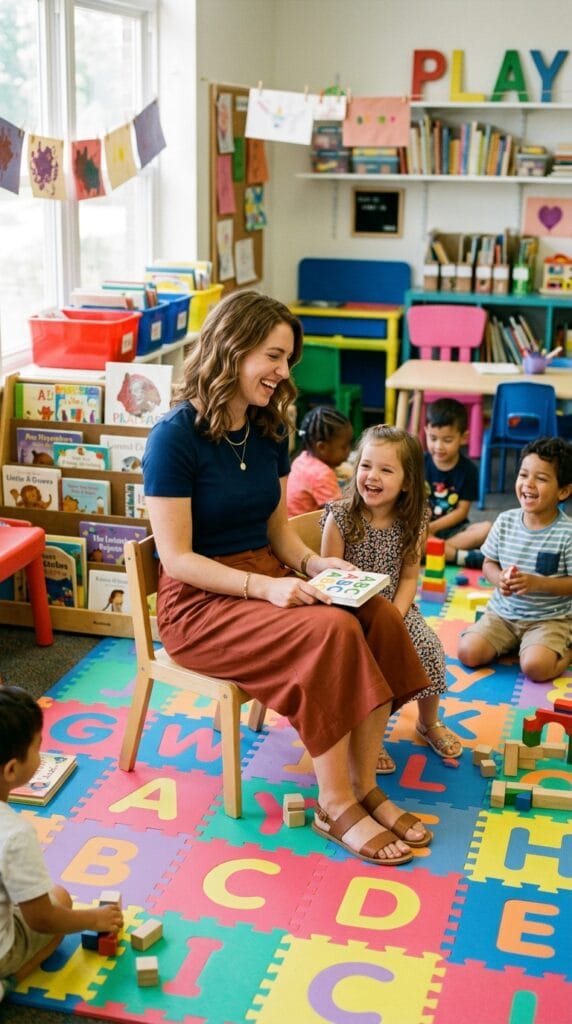 Your Classroom Wardrobe for Autumn: Fall Teacher Outfits Beyond Week One 12 A teacher wearing rust twill culottes and a navy top in a kindergarten.