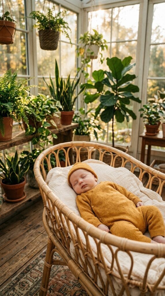 Newborn baby in rattan bassinet wearing mustard yellow pointelle knit wrap romper.