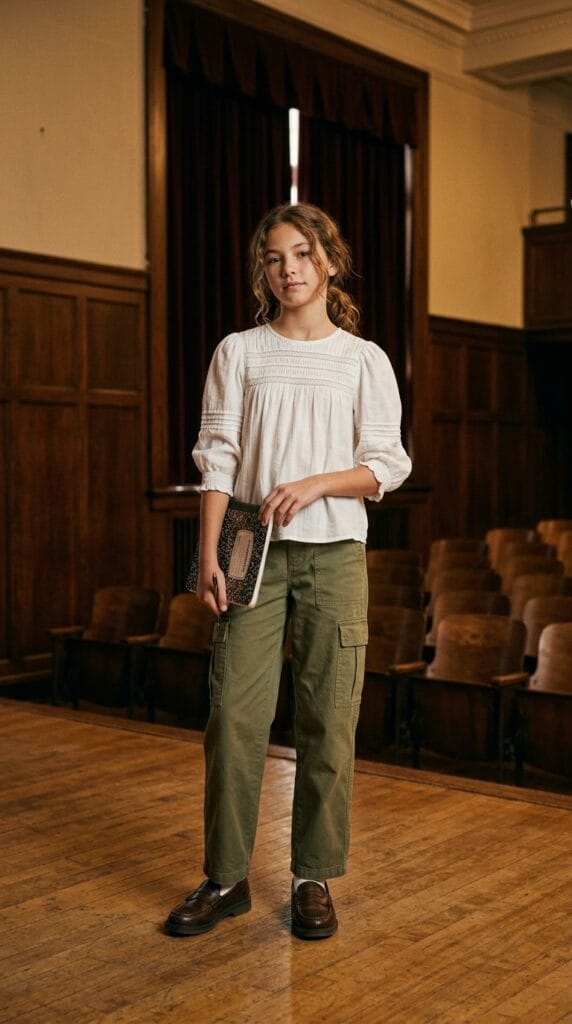 Fall School Style for Tweens: Cute Outfits for Younger Girls 11 Preteen girl in white smocked blouse and green trousers in an auditorium.