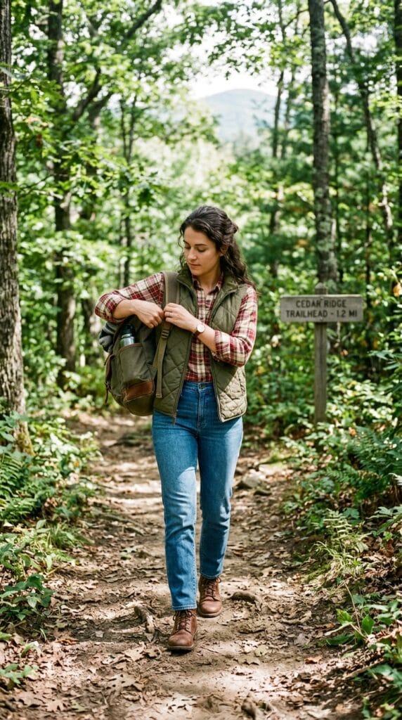 Woman wearing a quilted vest layered over a plaid flannel shirt on a trail.
