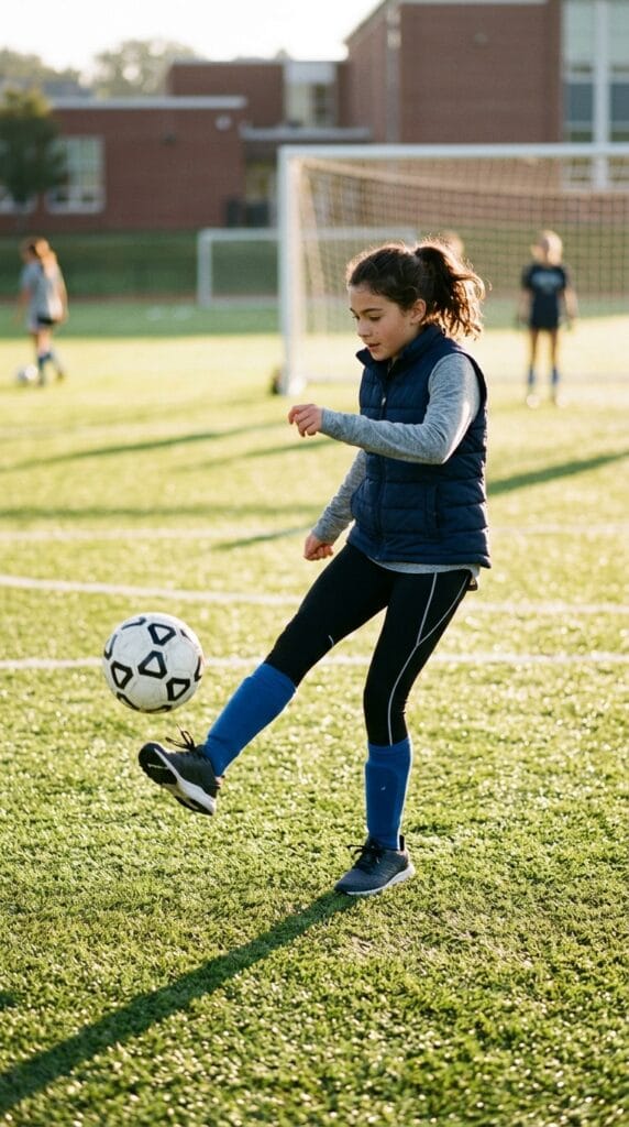 Fall School Style for Tweens: Cute Outfits for Younger Girls 16 Preteen girl wearing a navy quilted vest and black leggings playing soccer.