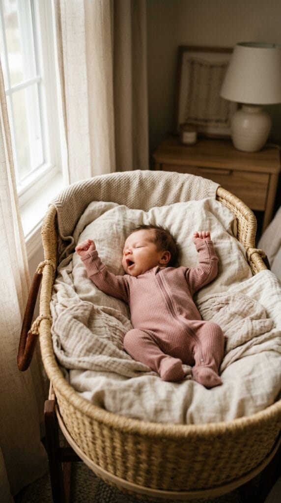 Newborn waking in bassinet wearing a dusty rose ribbed cotton footie sleeper.