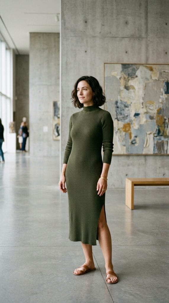 Woman wearing an olive green ribbed mock-neck midi dress in a minimalist gallery setting.