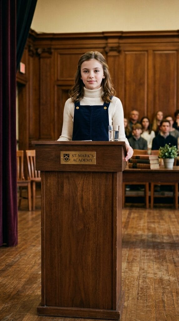 Fall School Style for Tweens: Cute Outfits for Younger Girls 19 Preteen girl wearing a cream turtleneck and navy corduroy pinafore dress.