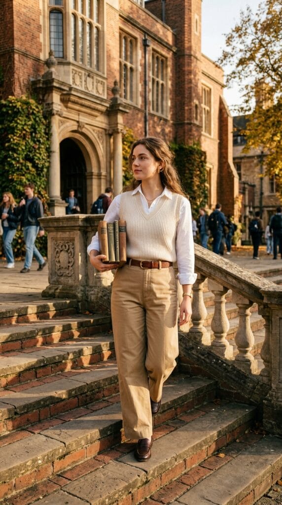 Cute School Outfits for Summer: From Homeroom to After-School Plans 6 Model holding books, wearing a cream knit vest and tan khaki pants on brick steps.