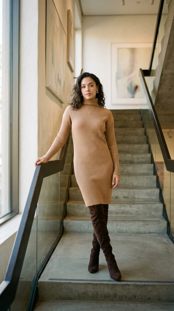 Woman wearing a ribbed turtleneck dress with over-the-knee boots on a stairwell.