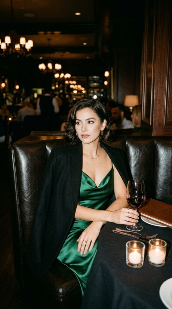 Woman in an emerald green satin slip dress and black blazer dining.