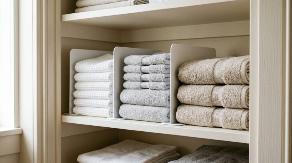 Shelf dividers separating folded towel stacks into columns on a narrow closet shelf.