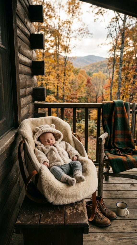 Newborn in carrier wearing cream sherpa fleece hooded jacket and gray leggings.