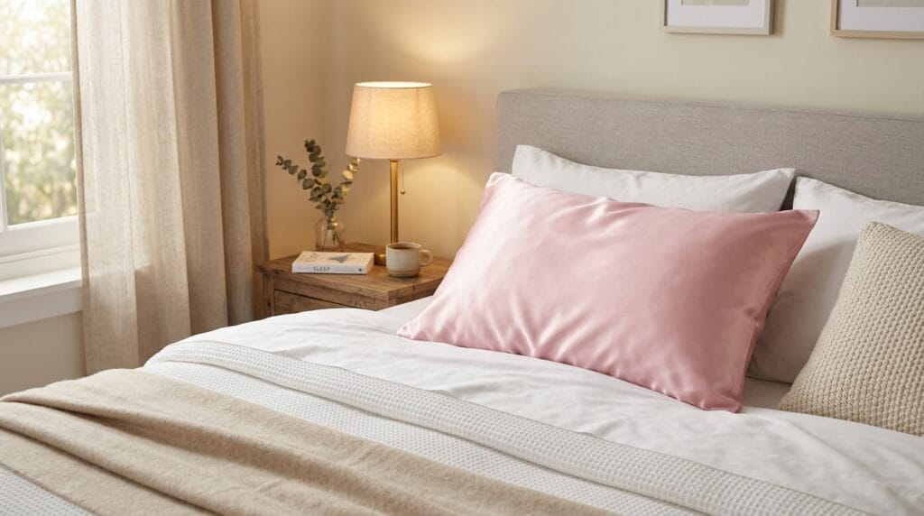 Soft pink silk pillowcase resting on a cozy bed with warm lighting.