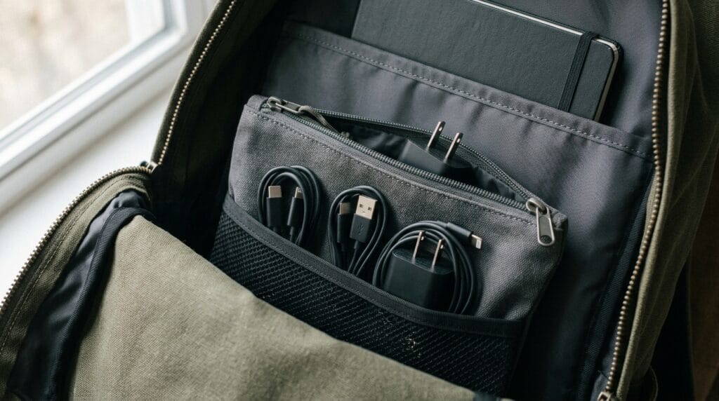 This $15 Backpack Organizer Insert Is Going Viral 4 Slim zippered pouch holding cables tucked into a backpack pocket.