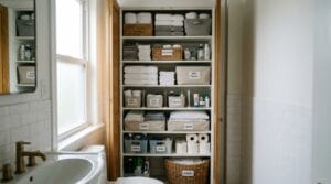 Narrow bathroom linen closet organized with dividers, stacked bins, and labeled baskets on open shelves.