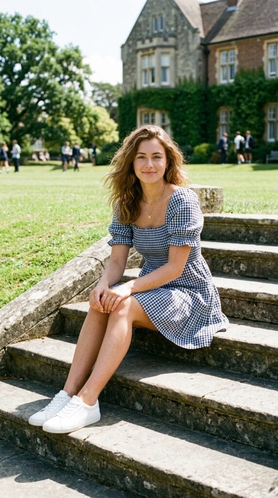Cute School Outfits for Summer: From Homeroom to After-School Plans 4 Model in a smocked navy gingham mini dress and white sneakers sitting on stone steps.