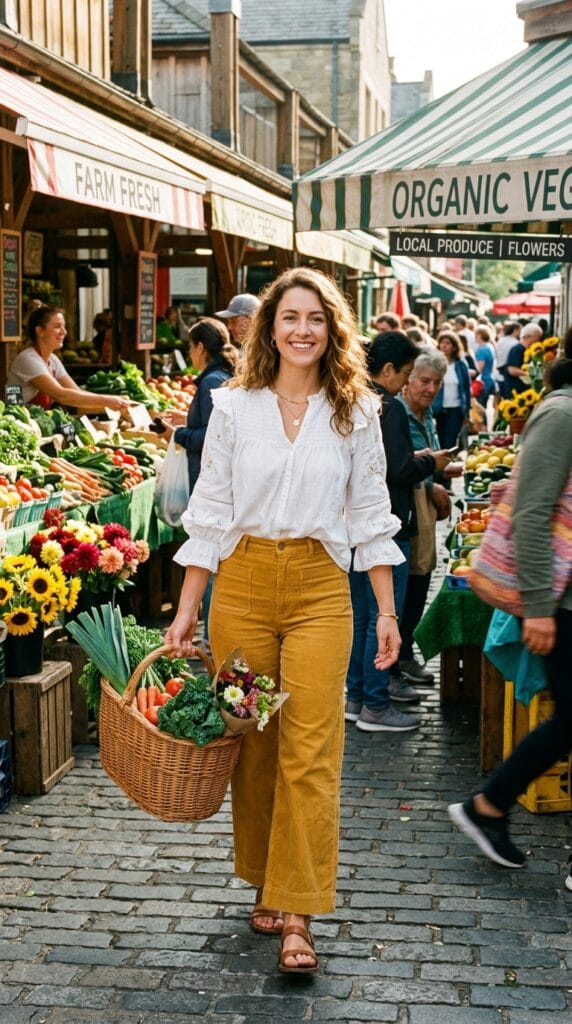 Mustard yellow wide leg corduroy trousers styled with a white smocked peasant blouse.