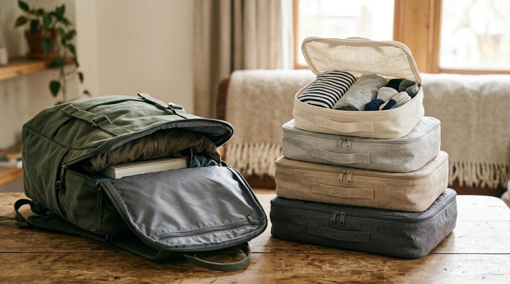 This $15 Backpack Organizer Insert Is Going Viral 3 Soft fabric packing cubes stacked next to an open backpack.