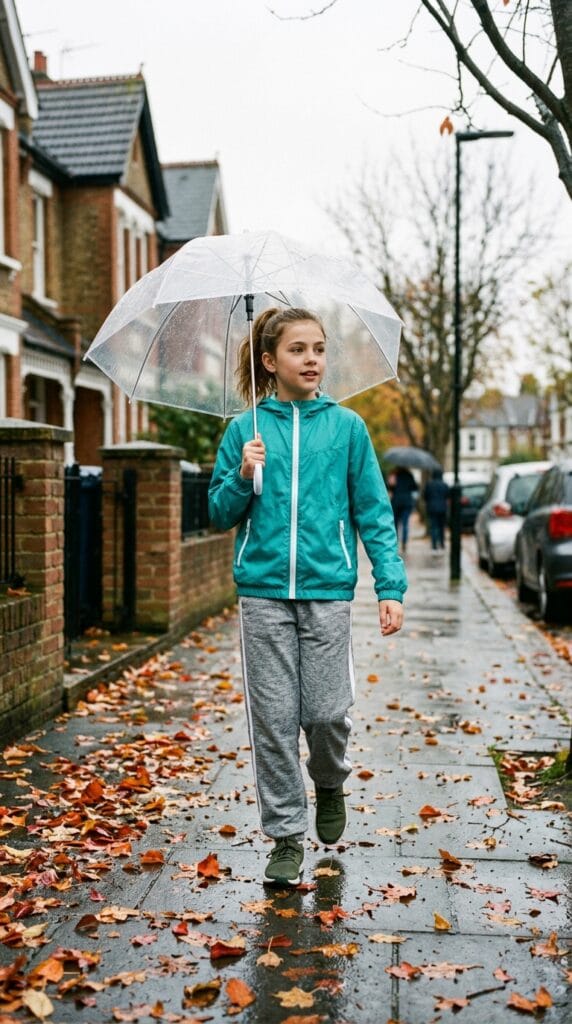 Fall School Style for Tweens: Cute Outfits for Younger Girls 22 Preteen wearing a teal windbreaker and track pants on a wet sidewalk.