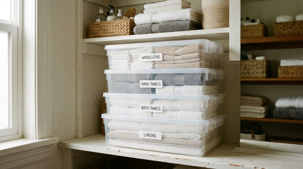 Stackable clear storage bins holding folded linens on a small bathroom closet shelf.